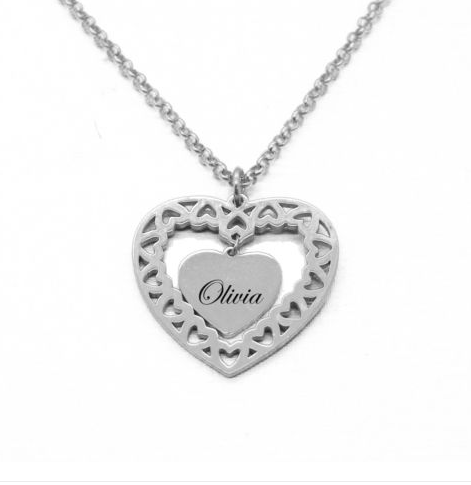 Personalized Fretwork Heart With Inside Heart Necklace