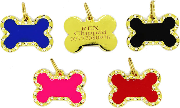 Personalised Engraved ID Pet Tags Coloured Bone Bling Diamante Crystals Gold Design Quality 40mm Dog Pet Tags