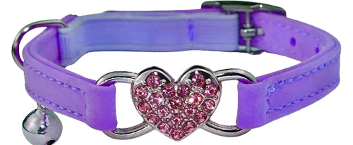 Elastic Adjustable Velvet Cat Collar With Bell and Heart Flocking Crystal Charm Band for Pets Purple