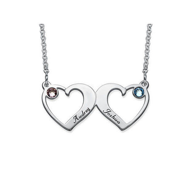 925 Sterling Silver Personalised Double Heart Shaped Pendant Necklace with 2 Birthstone Inlaid