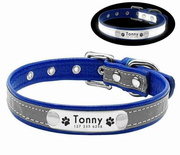 Personalised Reflective Pet Dog Collar, Leather Dog Collar, Pet Collar - Custom Dog Collar, Laser Engraved, Adjustable Collar
