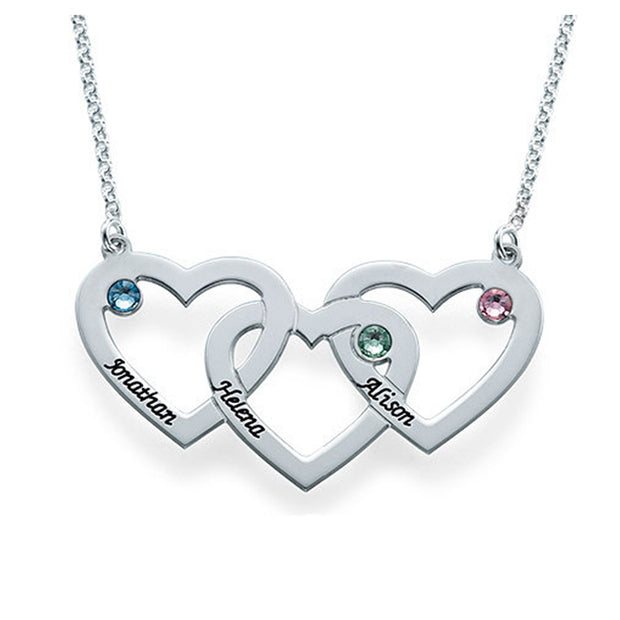 925 Sterling Silver Personalised 3 Heart Shaped Birthstone Pendant Custom Necklace Engrave with Names, Dates