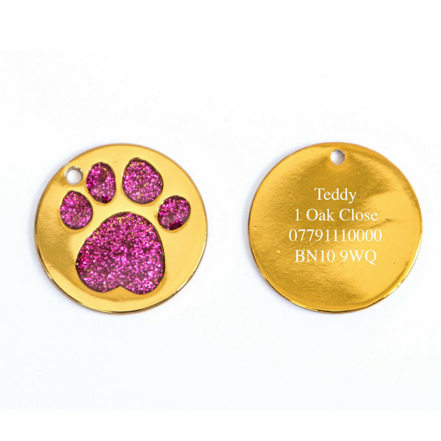 25mm Glitter Paw Print Pet Tag Engraved Collar 