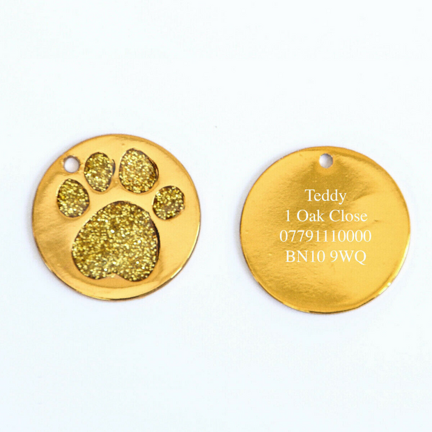 25mm Glitter Paw Print Pet Tag Engraved Collar 