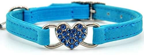 Elastic Adjustable Velvet Cat Collar With Bell and Heart Flocking Crystal Charm Band for Pets Blue