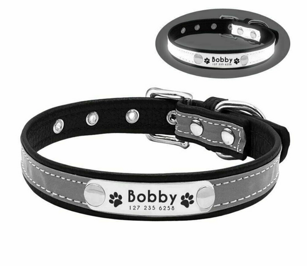 Personalised Reflective Pet Dog Collar, Leather Dog Collar, Pet Collar - Custom Dog Collar, Laser Engraved, Adjustable Collar