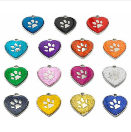 25mm Engraved ID Pet Tags Glitter Heart Paw 