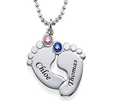 925 Sterling Silver Personalised Double Feet Shaped Birthstone Pendant Necklace Engrave with Names, Dates Custom Jewellery