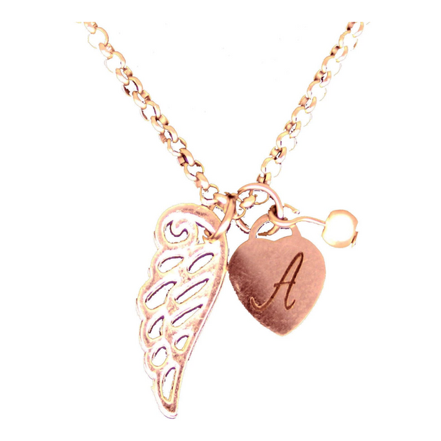Rose Gold Engraved Heart Guardian Angel Wing Necklace