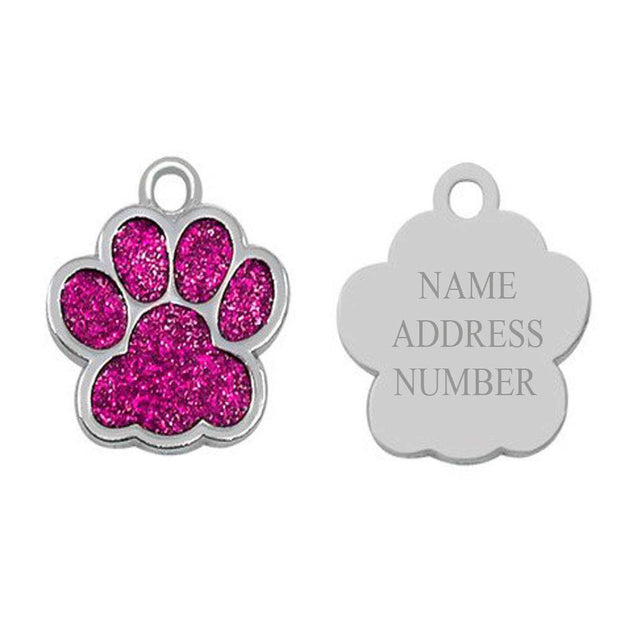 Personalised Engraved 27mm Glitter Paw Print Dog Pet Id Tag
