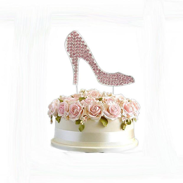 Pink Color  Rhinestone Crystal High Heel Shoe Cake Topper