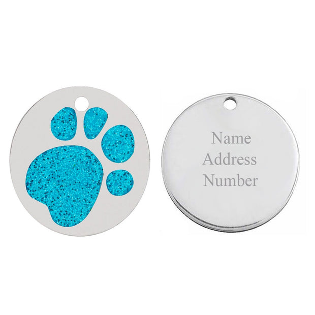 Engraved 25mm Glitter Paw Print Dog Pet ID Tag Disc