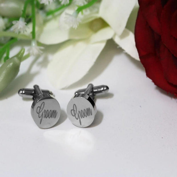 Engraved Cuff Links Silver Plated Round