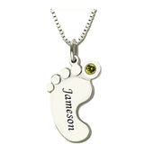 925 Sterling Silver Personalised Single Foot Shaped Birthstone Pendant Necklace Engrave with Names, Dates