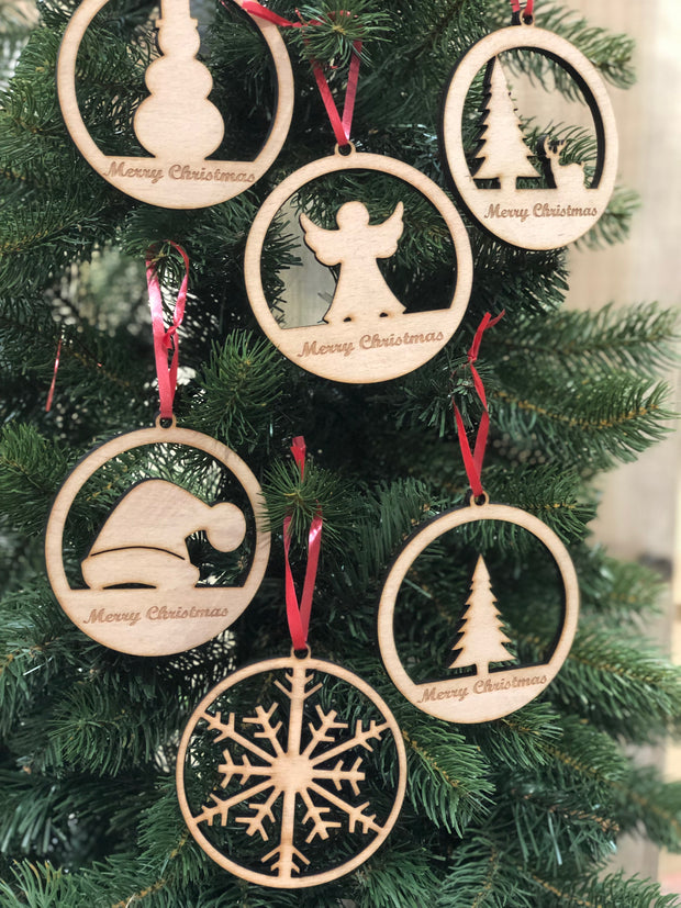 6 Ply Wood Christmas Tree Set Baubles Ornaments 