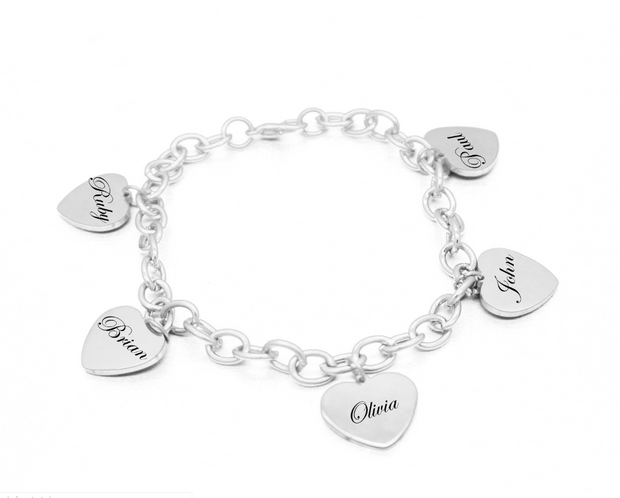 Personalized Engraved Name 5 Heart Charm Bracelet 