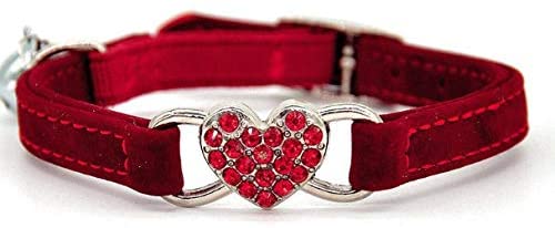 Elastic Adjustable Velvet Cat Collar With Bell and Heart Flocking Crystal Charm Band for Pets Red