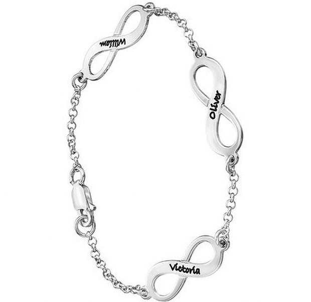 925 Sterling Silver Bracelet Infinity Shaped Personalised Pendant Customisable Jewellery with Names, Dates